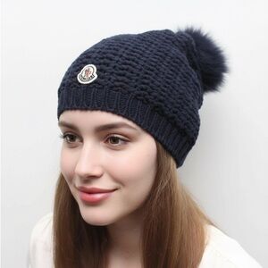 Moncler Black Knit Beanie with Pom-Pom